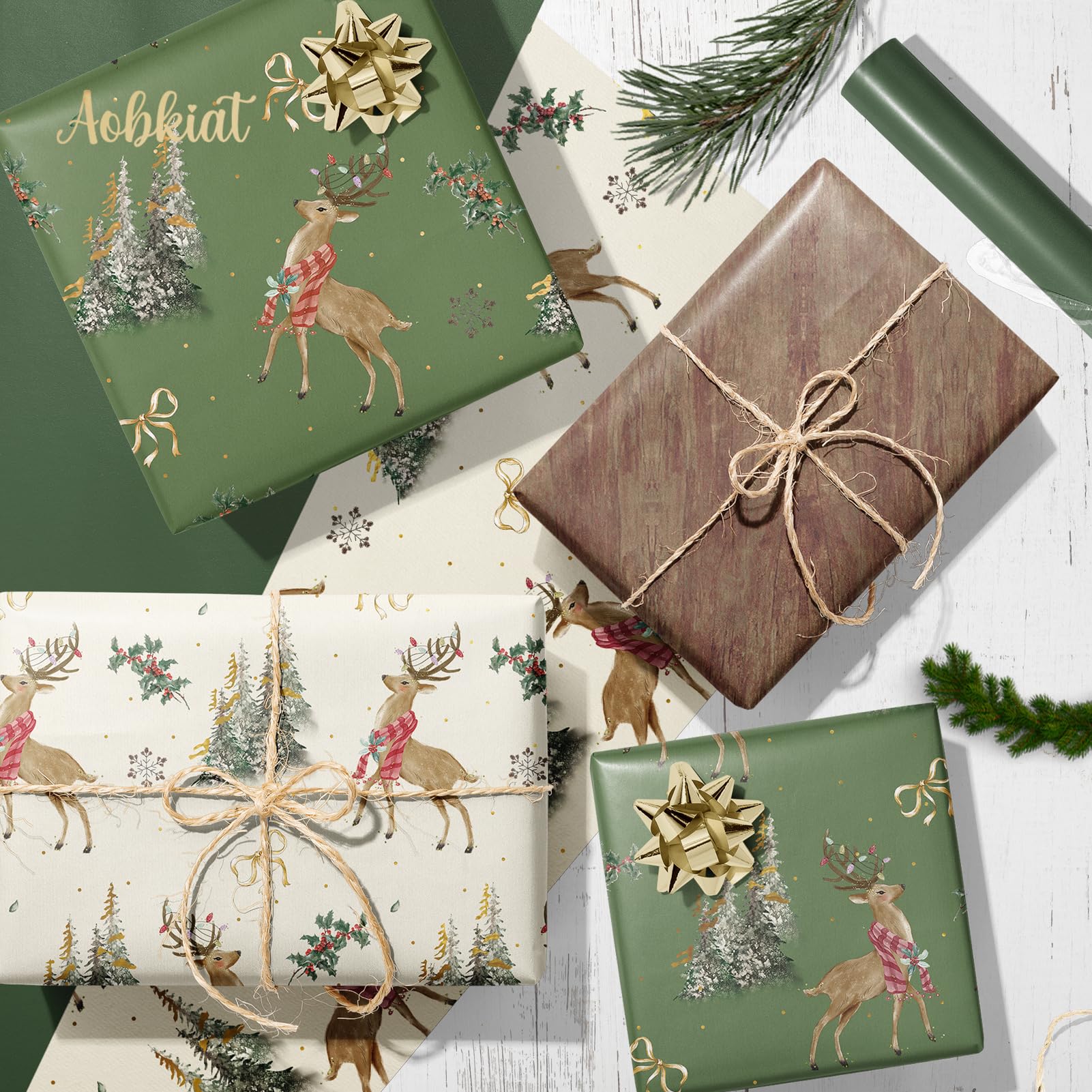 Aobkiat Wrapping Tissue Paper for Christmas Gift Bag,24 Sheets Green Tree with Animal Wrap Paper for Family Friends Gift Wrap,DIY Craft,Present Packaging,20x15inch/Sheet