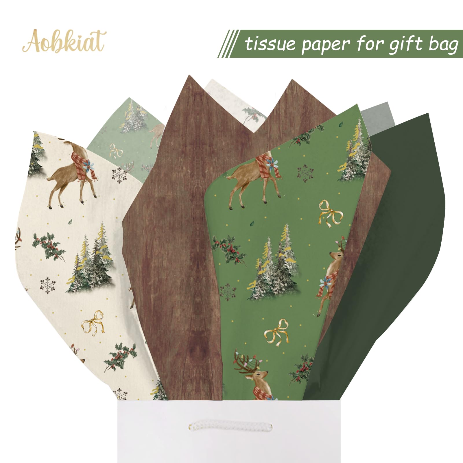 Aobkiat Wrapping Tissue Paper for Christmas Gift Bag,24 Sheets Green Tree with Animal Wrap Paper for Family Friends Gift Wrap,DIY Craft,Present Packaging,20x15inch/Sheet