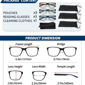 JJWELL 3 Pack Reading Glasses for Men Blue Light Blocking with Spring Hinge, Anti Eyestrain/Dryness/UV Large Wide Square Readers for Men, Two Tone Computer Reader Glasses Eyeglass(1.75 Strength)