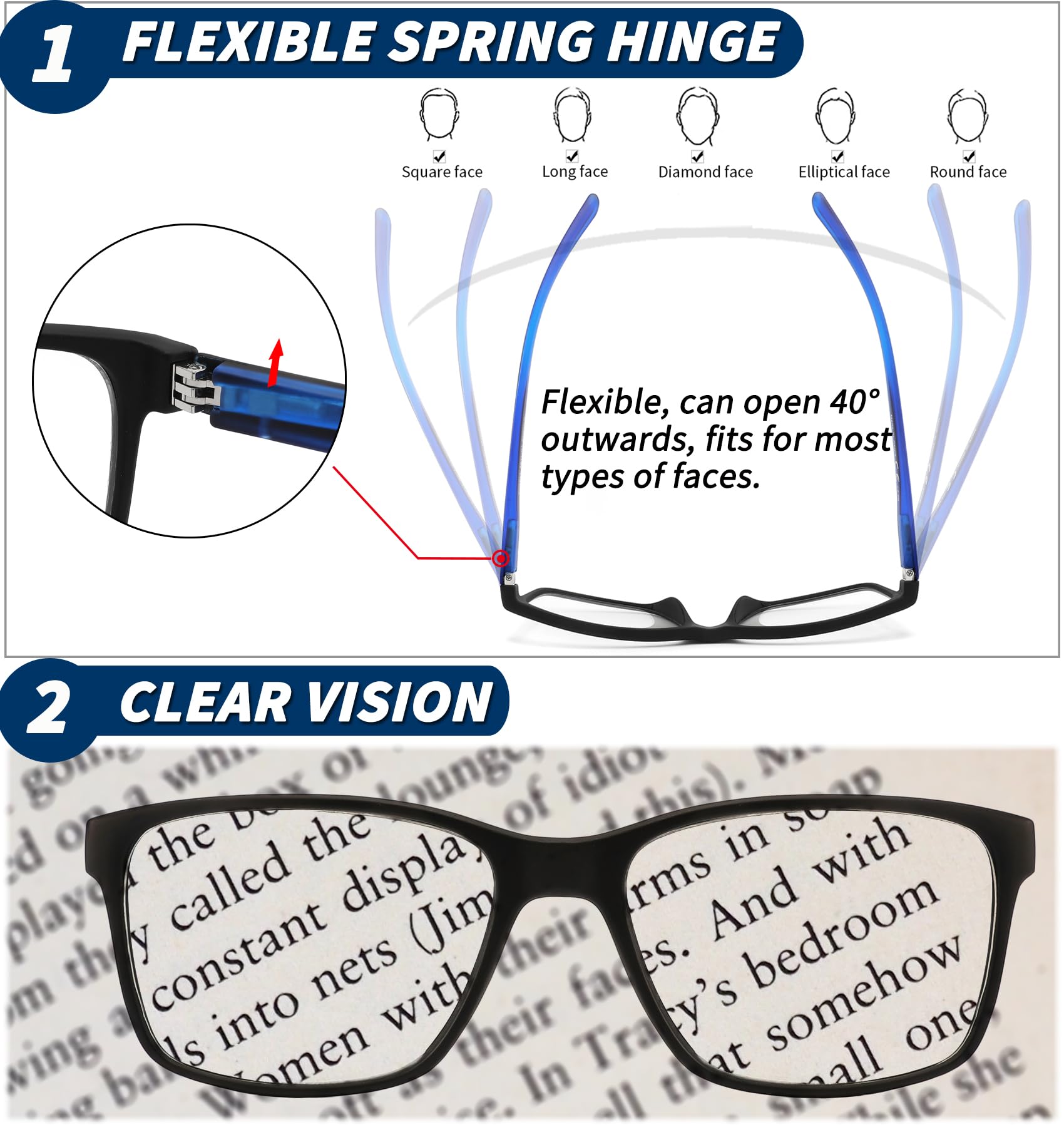 JJWELL 3 Pack Reading Glasses for Men Blue Light Blocking with Spring Hinge, Anti Eyestrain/Dryness/UV Large Wide Square Readers for Men, Two Tone Computer Reader Glasses Eyeglass(1.75 Strength)