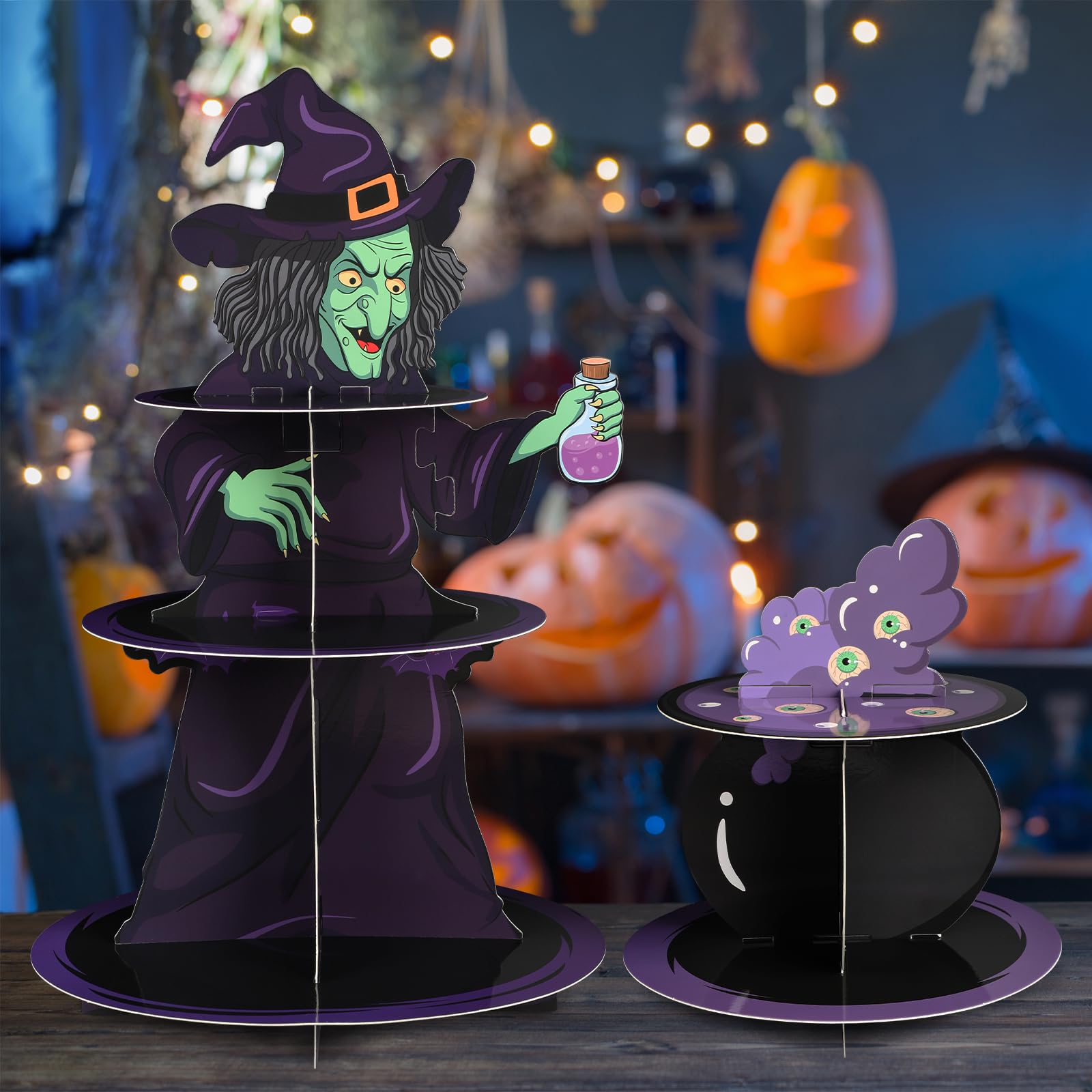 Halloween Cupcake Stand for 24 Cupcakes Witch and Poison Halloween Cupcake Decorations Cardboard Cupcake 3 Tier and 2 Tier Set Halloween Party Supplies. (Witch)