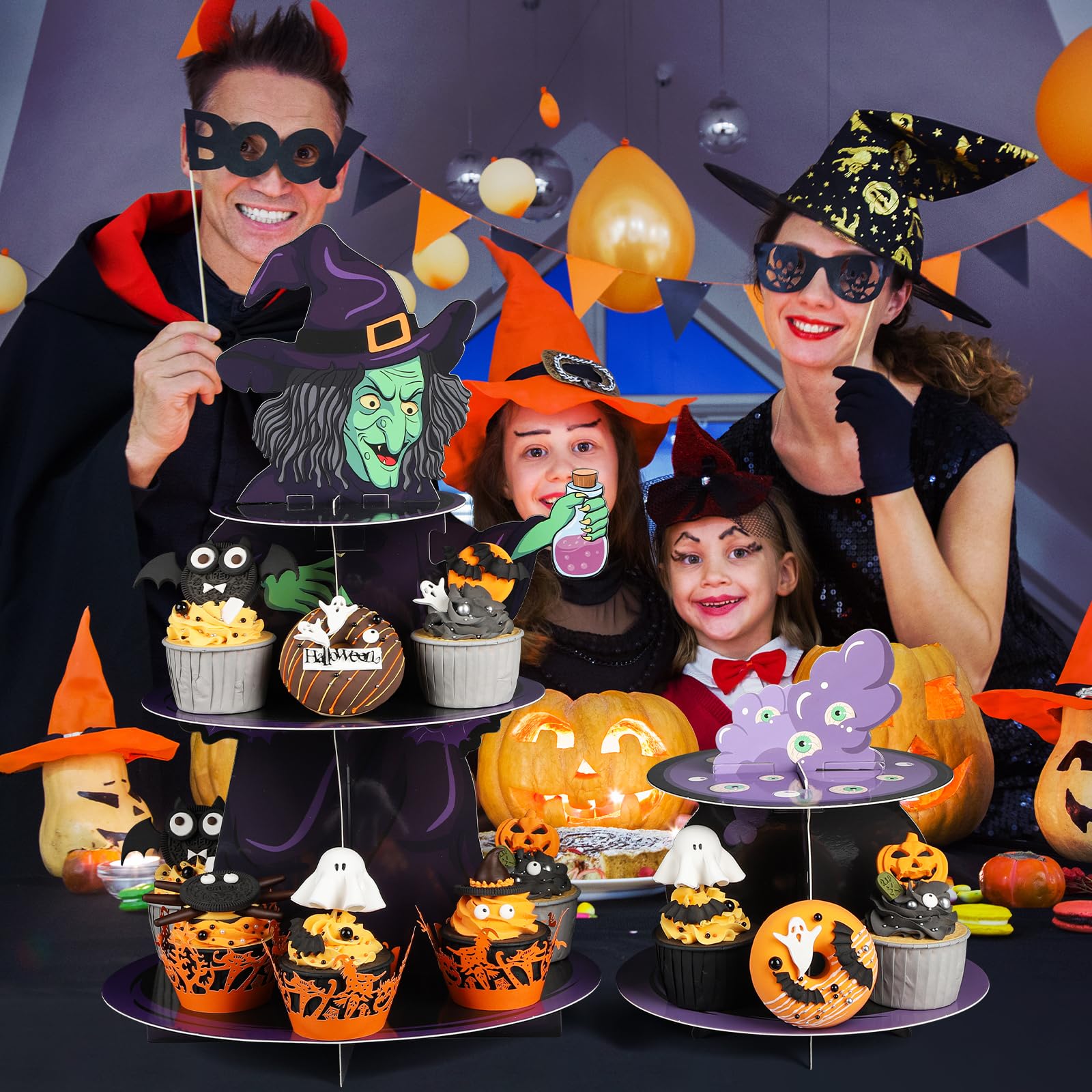 Halloween Cupcake Stand for 24 Cupcakes Witch and Poison Halloween Cupcake Decorations Cardboard Cupcake 3 Tier and 2 Tier Set Halloween Party Supplies. (Witch)