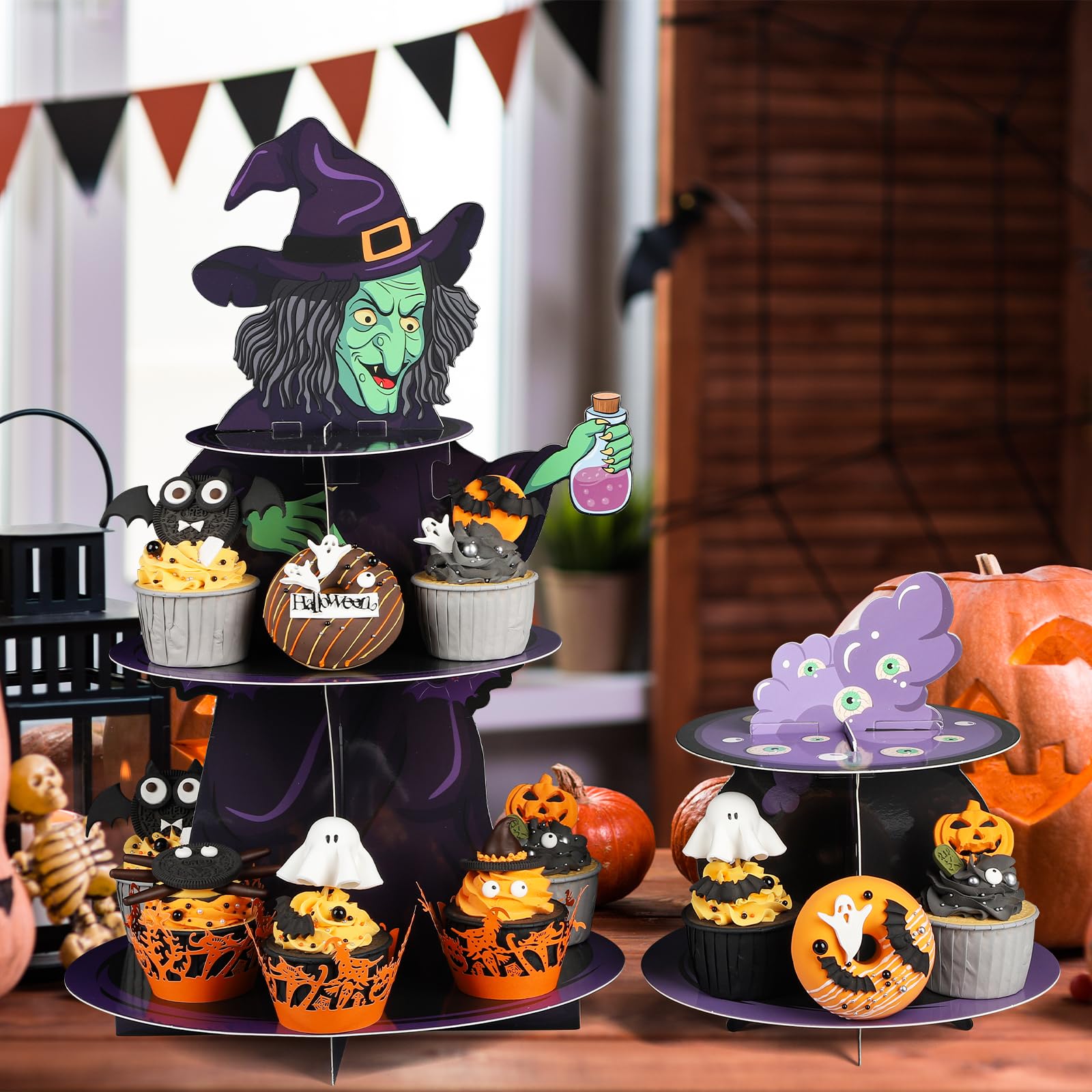 Halloween Cupcake Stand for 24 Cupcakes Witch and Poison Halloween Cupcake Decorations Cardboard Cupcake 3 Tier and 2 Tier Set Halloween Party Supplies. (Witch)