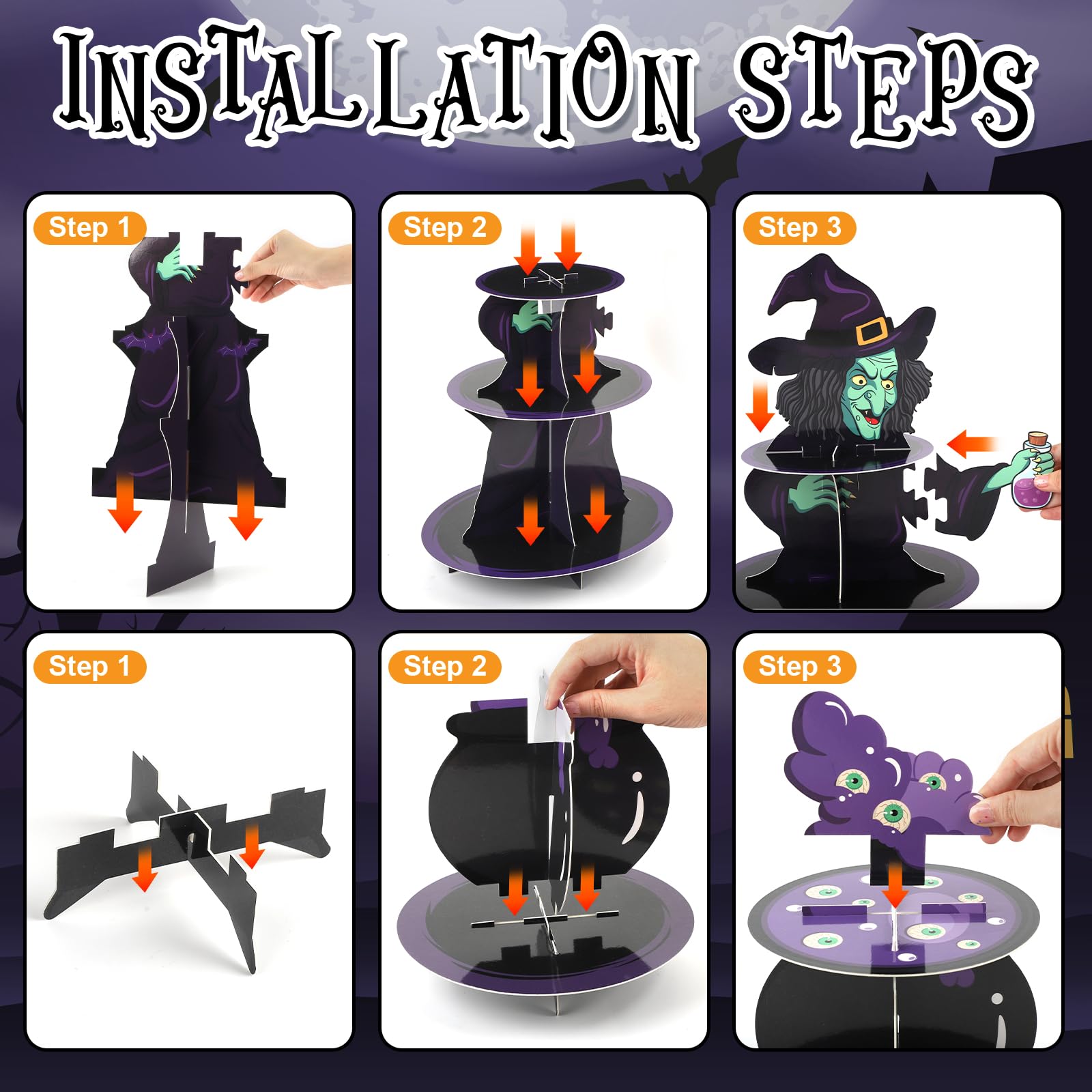 Halloween Cupcake Stand for 24 Cupcakes Witch and Poison Halloween Cupcake Decorations Cardboard Cupcake 3 Tier and 2 Tier Set Halloween Party Supplies. (Witch)