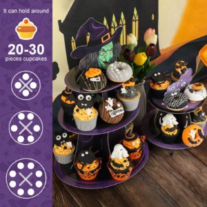 Halloween Cupcake Stand for 24 Cupcakes Witch and Poison Halloween Cupcake Decorations Cardboard Cupcake 3 Tier and 2 Tier Set Halloween Party Supplies. (Witch)