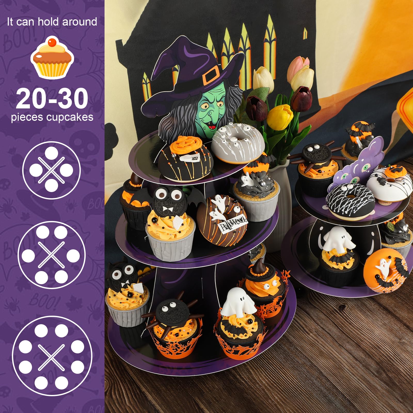 Halloween Cupcake Stand for 24 Cupcakes Witch and Poison Halloween Cupcake Decorations Cardboard Cupcake 3 Tier and 2 Tier Set Halloween Party Supplies. (Witch)