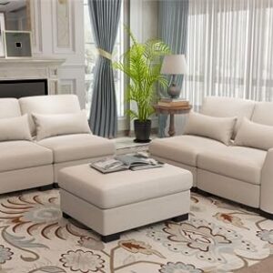 Sunrise Coast Modular Sofa Couch 130" Convertible L Shaped Sofas&Couches with Movable Ottoman Sectional, Beige