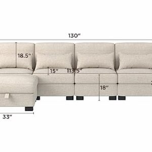 Sunrise Coast Modular Sofa Couch 130" Convertible L Shaped Sofas&Couches with Movable Ottoman Sectional, Beige