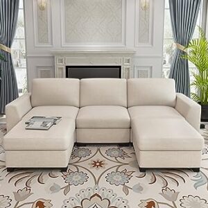 Sunrise Coast Modular Sofa Couch 130" Convertible L Shaped Sofas&Couches with Movable Ottoman Sectional, Beige