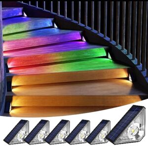 superdanny solar step lights outdoor waterproof, warm white & 7 rgb colors, ip65 led solar powered lights decor for stairs in garden, deck, front porch, patio and backyard (6 pack)