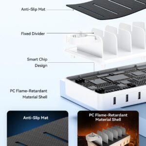 Honcila Charging station for multiple devices, 50W 6 Ports Multi Charger Station Charging Dock with Groove Design and 6 Mixed Charging Cables for iPhone, iPad, Kindle, Tablet, Cellphone and Others