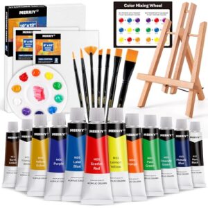 merriy paint set,25-piece painting supplies kit with tabletop easel, 12 colors acrylic paints,10"x 12"stretched canvas,paint brush set, premium acrylic painting set for adults artists