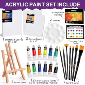 MERRIY Paint Set,25-Piece Painting Supplies Kit with Tabletop Easel, 12 Colors Acrylic Paints,10"x 12"Stretched Canvas,Paint Brush Set, Premium Acrylic Painting Set for Adults Artists