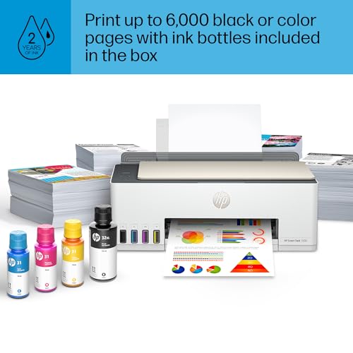 HP Smart-Tank 5000 Wireless All-in-One Ink-Tank Printer with up to 2 years of ink included, mobile print, scan, copy, white, 17.11 x 14.23 x 6.19