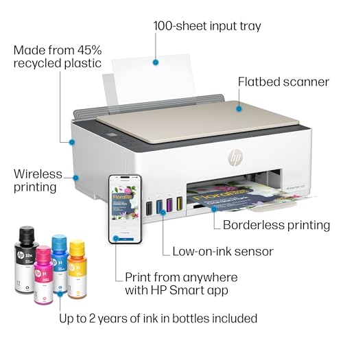 HP Smart-Tank 5000 Wireless All-in-One Ink-Tank Printer with up to 2 years of ink included, mobile print, scan, copy, white, 17.11 x 14.23 x 6.19