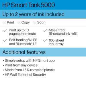 HP Smart-Tank 5000 Wireless All-in-One Ink-Tank Printer with up to 2 years of ink included, mobile print, scan, copy, white, 17.11 x 14.23 x 6.19