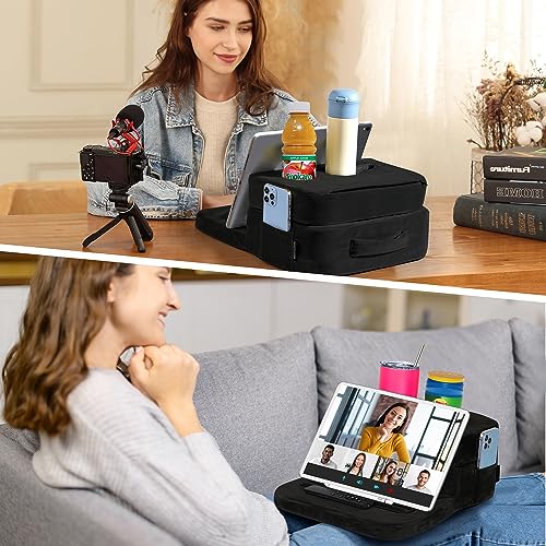 TabCouchCaddy - Couch Cup Holder Tray & Tablet Pillow Stand - Bed, Couch Caddy, Sofa, RV & Car - Holds Drinks, Snacks, Remotes, Phones, Tablet - iPad, Galaxy Tab Compatible | Bed Cup Holder (Black)