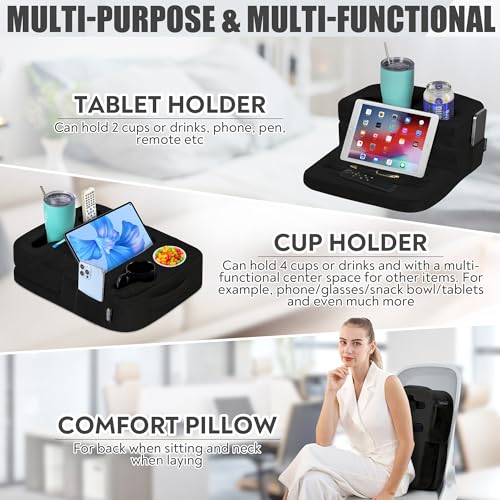 TabCouchCaddy - Couch Cup Holder Tray & Tablet Pillow Stand - Bed, Couch Caddy, Sofa, RV & Car - Holds Drinks, Snacks, Remotes, Phones, Tablet - iPad, Galaxy Tab Compatible | Bed Cup Holder (Black)