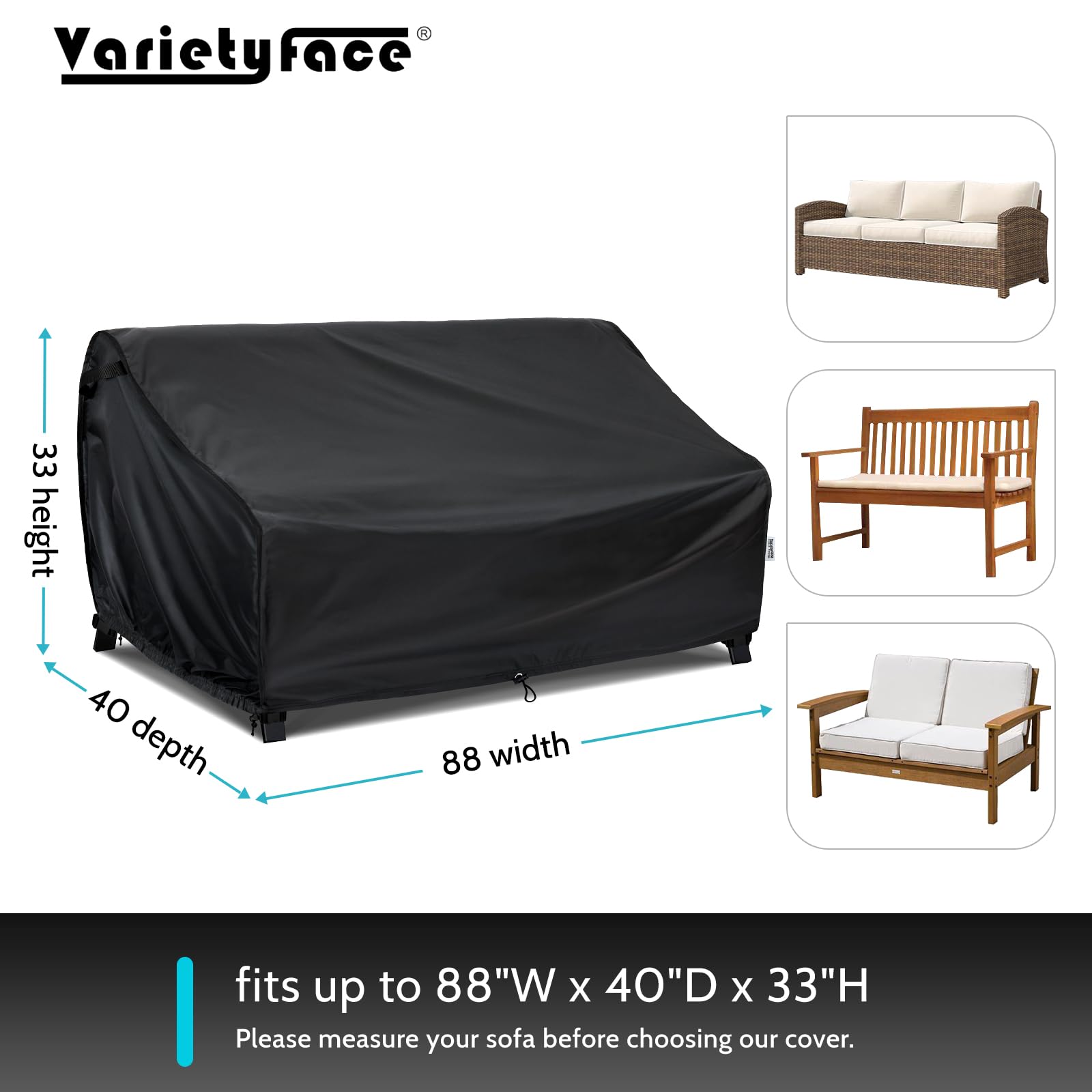 Varietyface Patio Furniture Covers Waterproof, 3-Seater Outdoor Sofa Covers Sunproof,Durable Lawn Furniture Covers, Fits up to 88Wx40Dx33H inches, Black