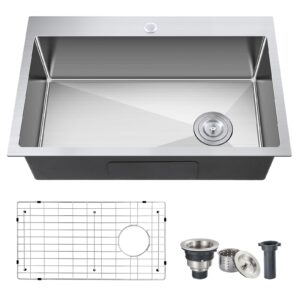 ROVOGO 25x18x9 in. Drop-in Kitchen Sink Single Bowl with Bottom Grid and Drain, 304 Stainless Steel Handmade Modern Sink Top Mount with 1-Hole, Brushed