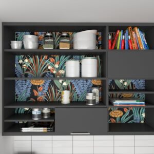 Laatse Boho Floral Peel and Stick Wallpaper Vintage Botanical Wallpaper, Self Adhesive Wall Mural 17.5" x 118" Tropical Rainforest Wall Paper for Bedroom Walls Cabinet (Black, Orange, Blue)