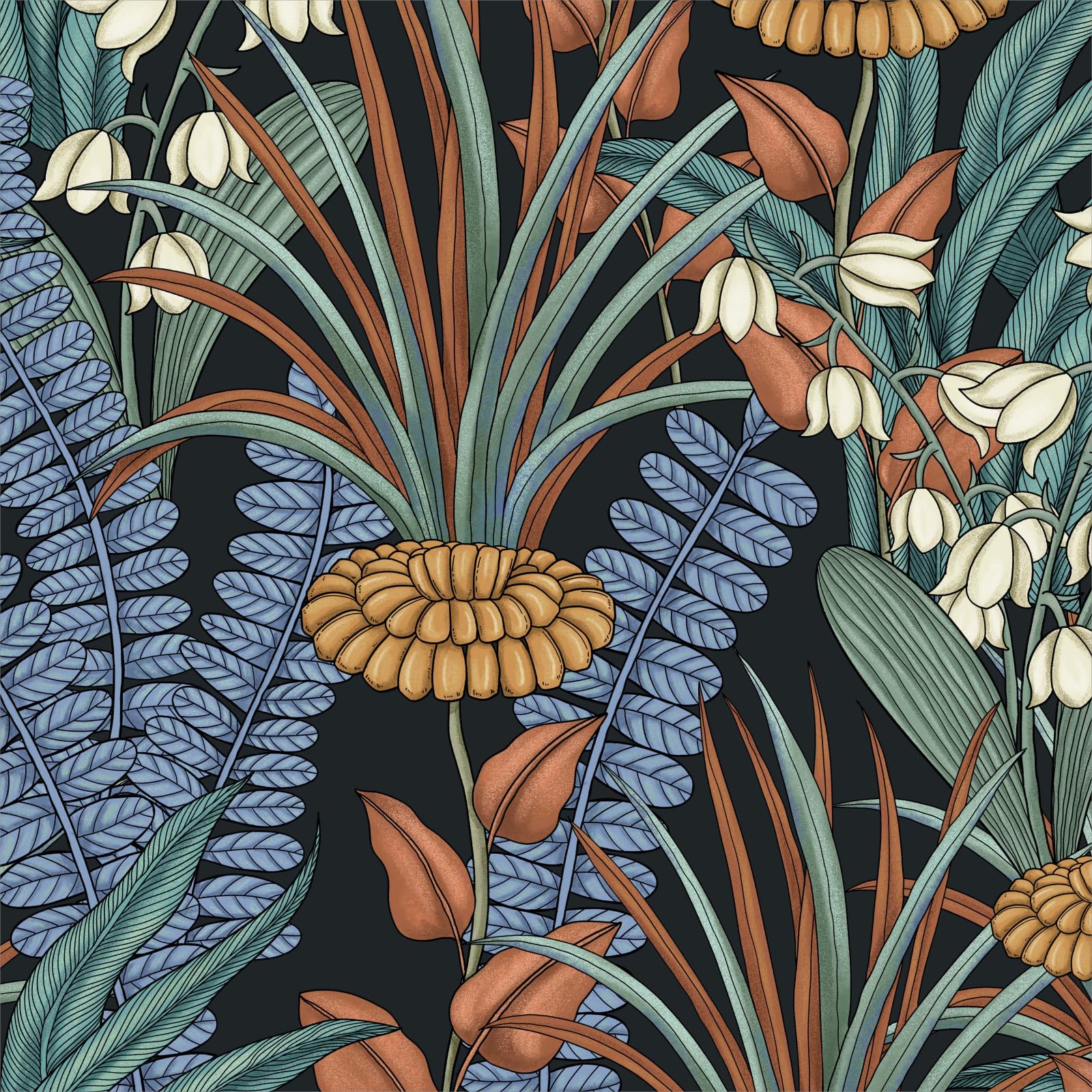 Laatse Boho Floral Peel and Stick Wallpaper Vintage Botanical Wallpaper, Self Adhesive Wall Mural 17.5" x 118" Tropical Rainforest Wall Paper for Bedroom Walls Cabinet (Black, Orange, Blue)