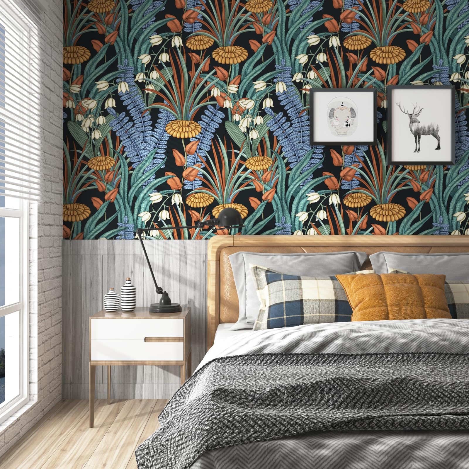 Laatse Boho Floral Peel and Stick Wallpaper Vintage Botanical Wallpaper, Self Adhesive Wall Mural 17.5" x 118" Tropical Rainforest Wall Paper for Bedroom Walls Cabinet (Black, Orange, Blue)