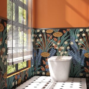 Laatse Boho Floral Peel and Stick Wallpaper Vintage Botanical Wallpaper, Self Adhesive Wall Mural 17.5" x 118" Tropical Rainforest Wall Paper for Bedroom Walls Cabinet (Black, Orange, Blue)