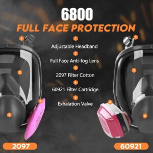 Full Face Respirator Gas Mask: 6800 Reusable Respirator Mask with Filters 60921 & 2097 - Dust Mask Anti Fog Against Organic Vapor Fumes Gases for Spray Paint Chemicals Epoxy Resin Welding Sanding