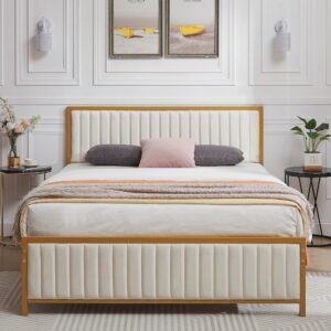 vecelo full size bed frame with upholstered tufted headboard & footboard, heavy duty steel slats platform, no box spring needed, gold