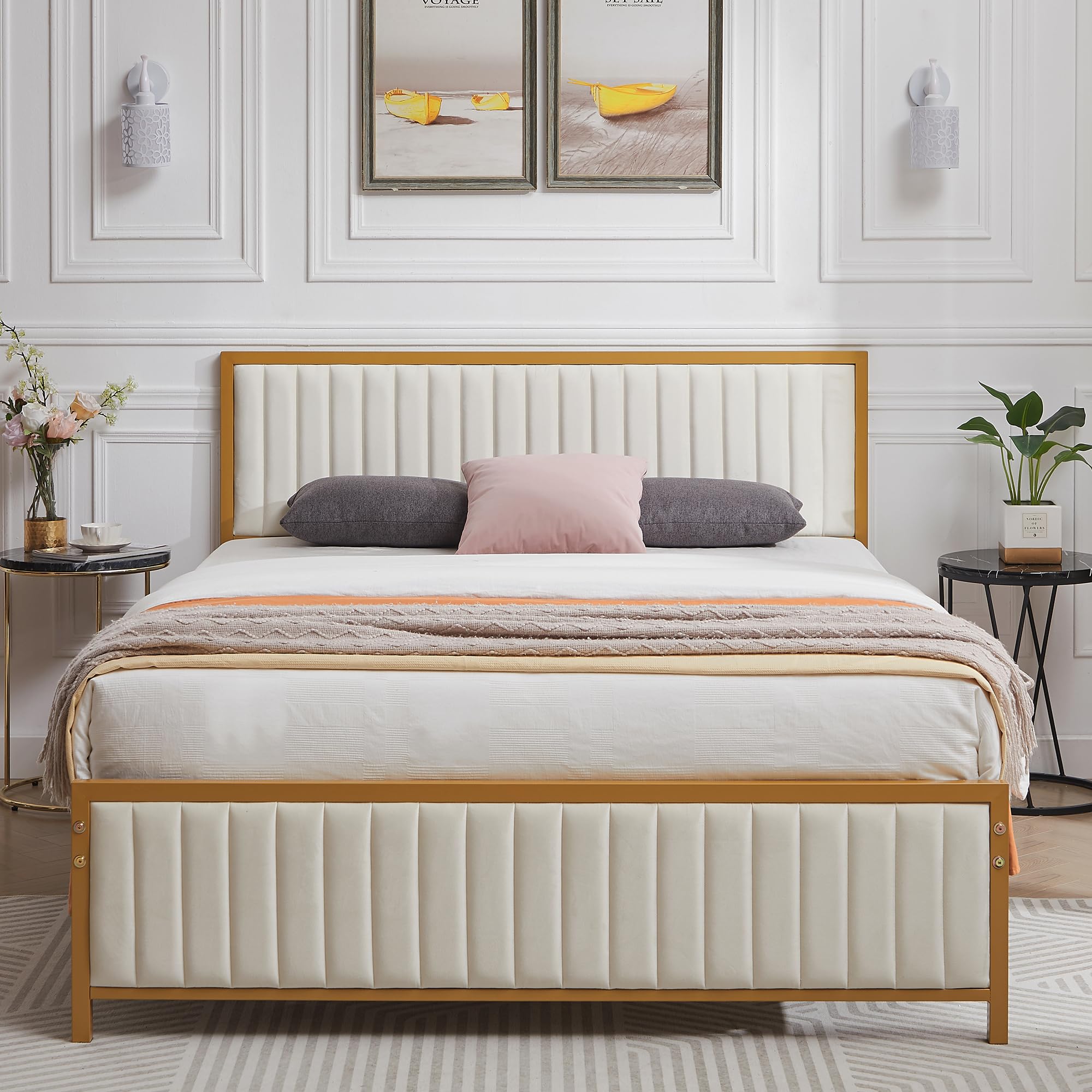 VECELO Full Size Bed Frame with Upholstered Tufted Headboard & Footboard, Heavy Duty Steel Slats Platform, No Box Spring Needed, Gold