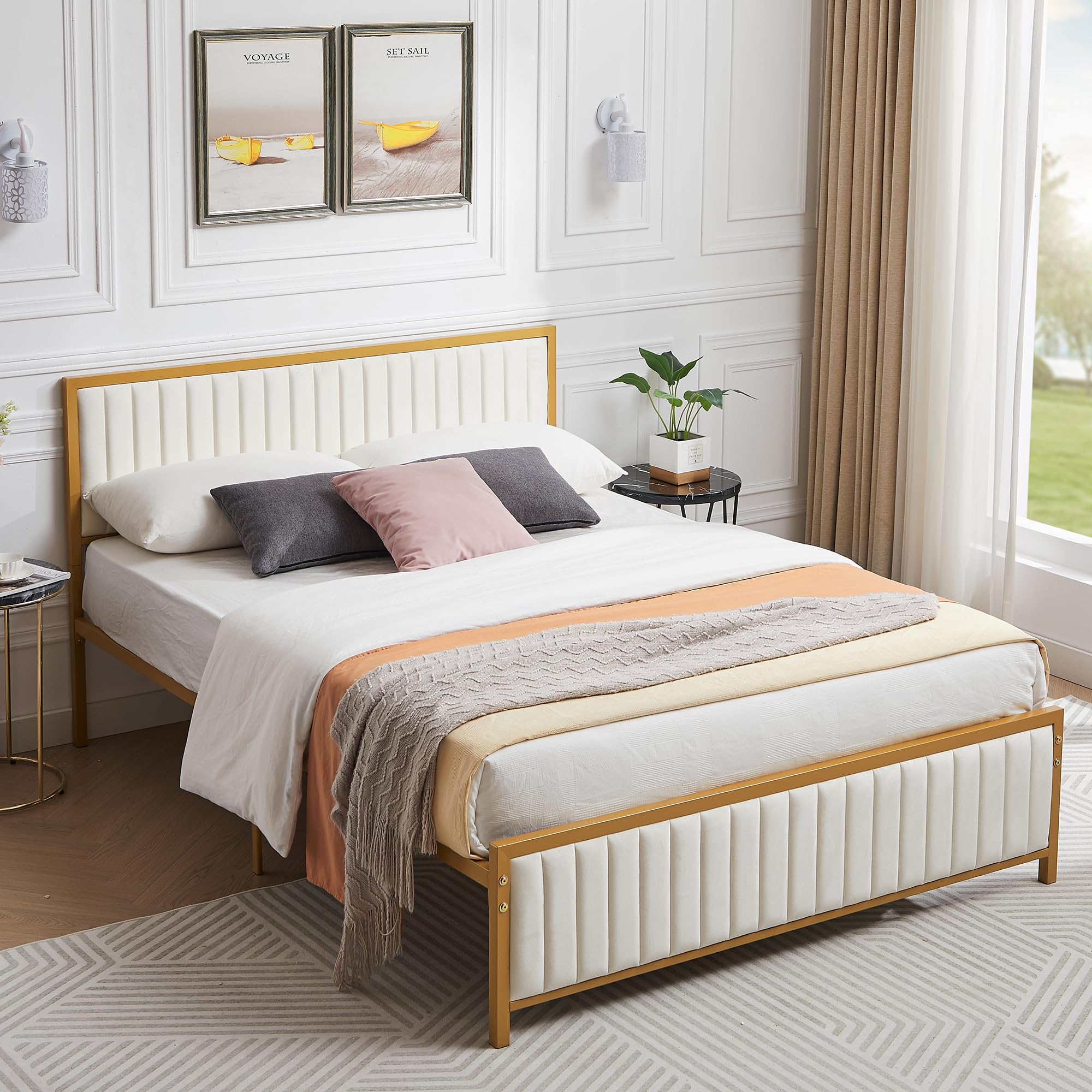 VECELO Full Size Bed Frame with Upholstered Tufted Headboard & Footboard, Heavy Duty Steel Slats Platform, No Box Spring Needed, Gold