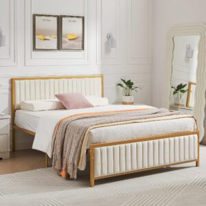 VECELO Full Size Bed Frame with Upholstered Tufted Headboard & Footboard, Heavy Duty Steel Slats Platform, No Box Spring Needed, Gold