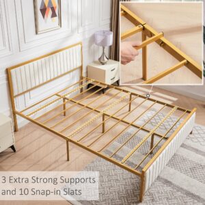 VECELO Full Size Bed Frame with Upholstered Tufted Headboard & Footboard, Heavy Duty Steel Slats Platform, No Box Spring Needed, Gold