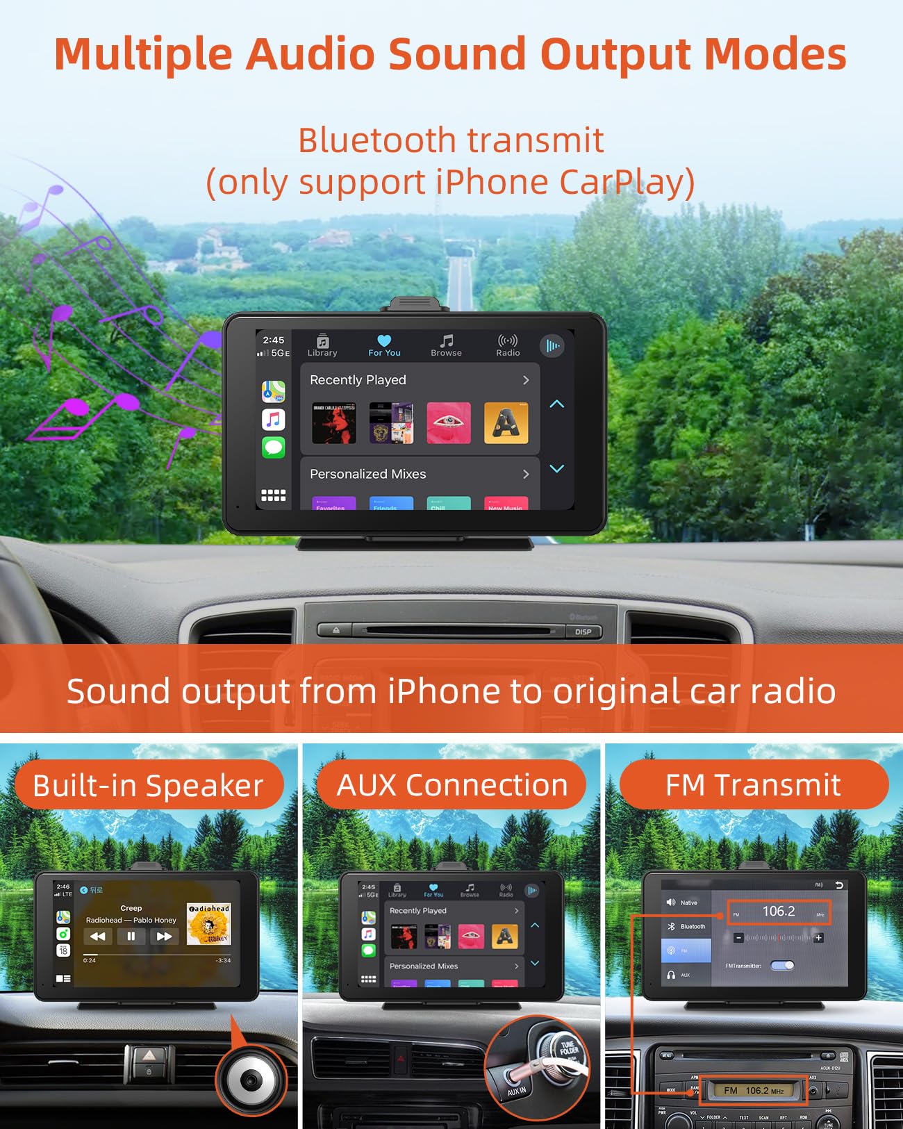 cogamichi Portable Car Stereo with Apple Carplay&Android Auto, 7 Inch HD IPS Touch Carplay Screen for Car Plug in, Wireless Carplay Dash Mount with Bluetooth, GPS Navigation, Mirror Link, Siri Voice