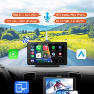 cogamichi Portable Car Stereo with Apple Carplay&Android Auto, 7 Inch HD IPS Touch Carplay Screen for Car Plug in, Wireless Carplay Dash Mount with Bluetooth, GPS Navigation, Mirror Link, Siri Voice