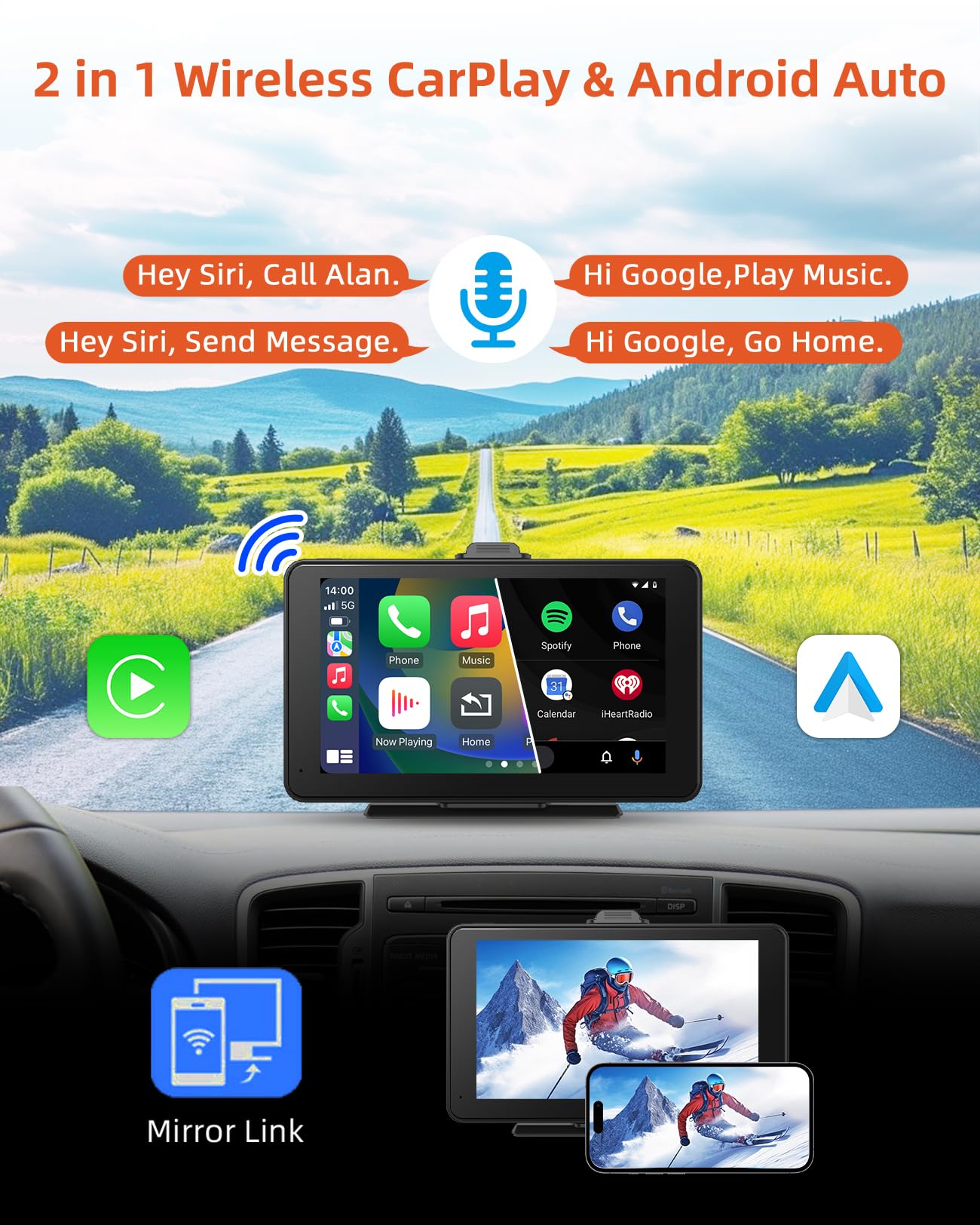 cogamichi Portable Car Stereo with Apple Carplay&Android Auto, 7 Inch HD IPS Touch Carplay Screen for Car Plug in, Wireless Carplay Dash Mount with Bluetooth, GPS Navigation, Mirror Link, Siri Voice