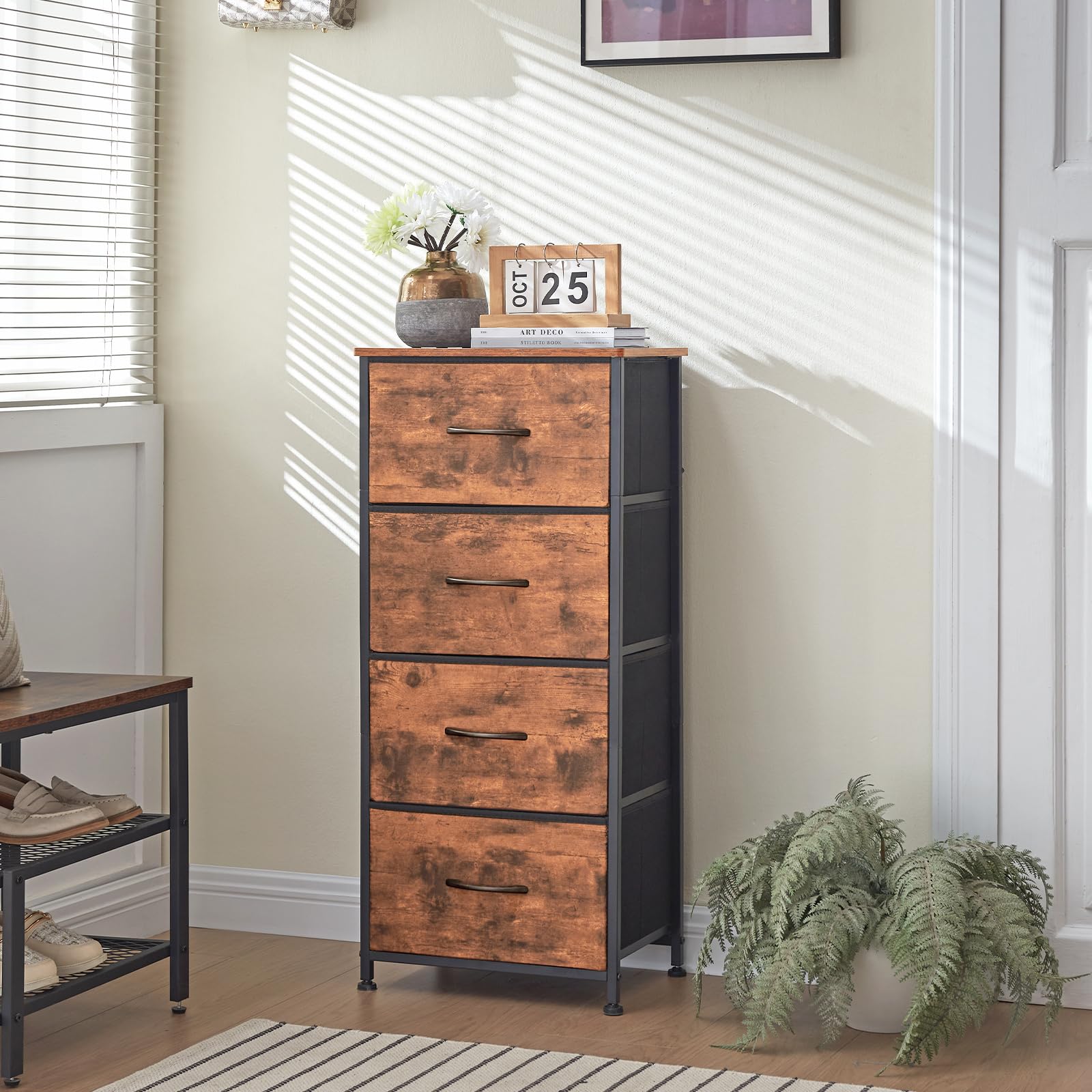 Somdot Tall Dresser for Bedroom, 4 Drawer Storage Organizer Chest of Drawers with Removable Fabric Bins for Living Room Closet Bedside Nursery Laundry Entryway Hallway, Wood Grain Print