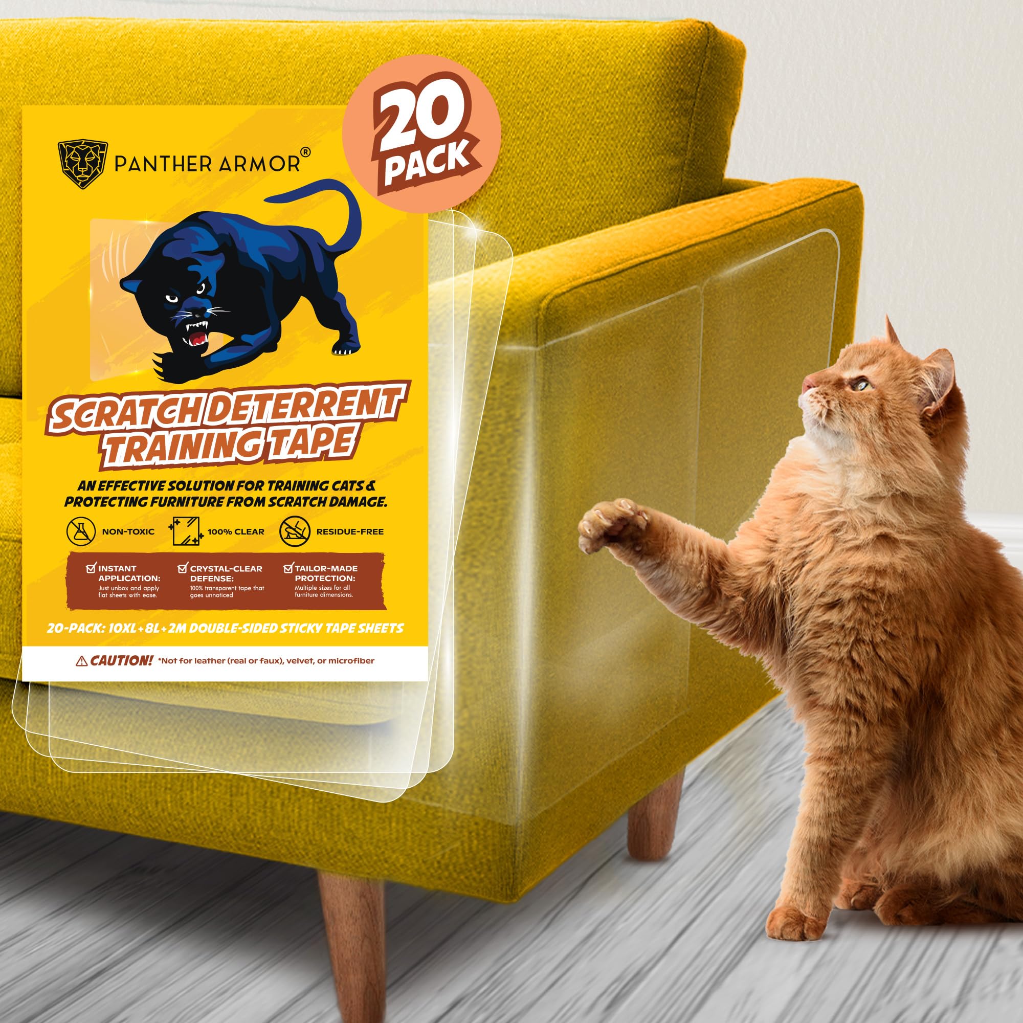 Panther Armor 20-Pack Anti Scratch Furniture Protectors - Deterrent & Cat Training Tape - Double Sided Sticky Tapes - Claw Proof Couch Protectors