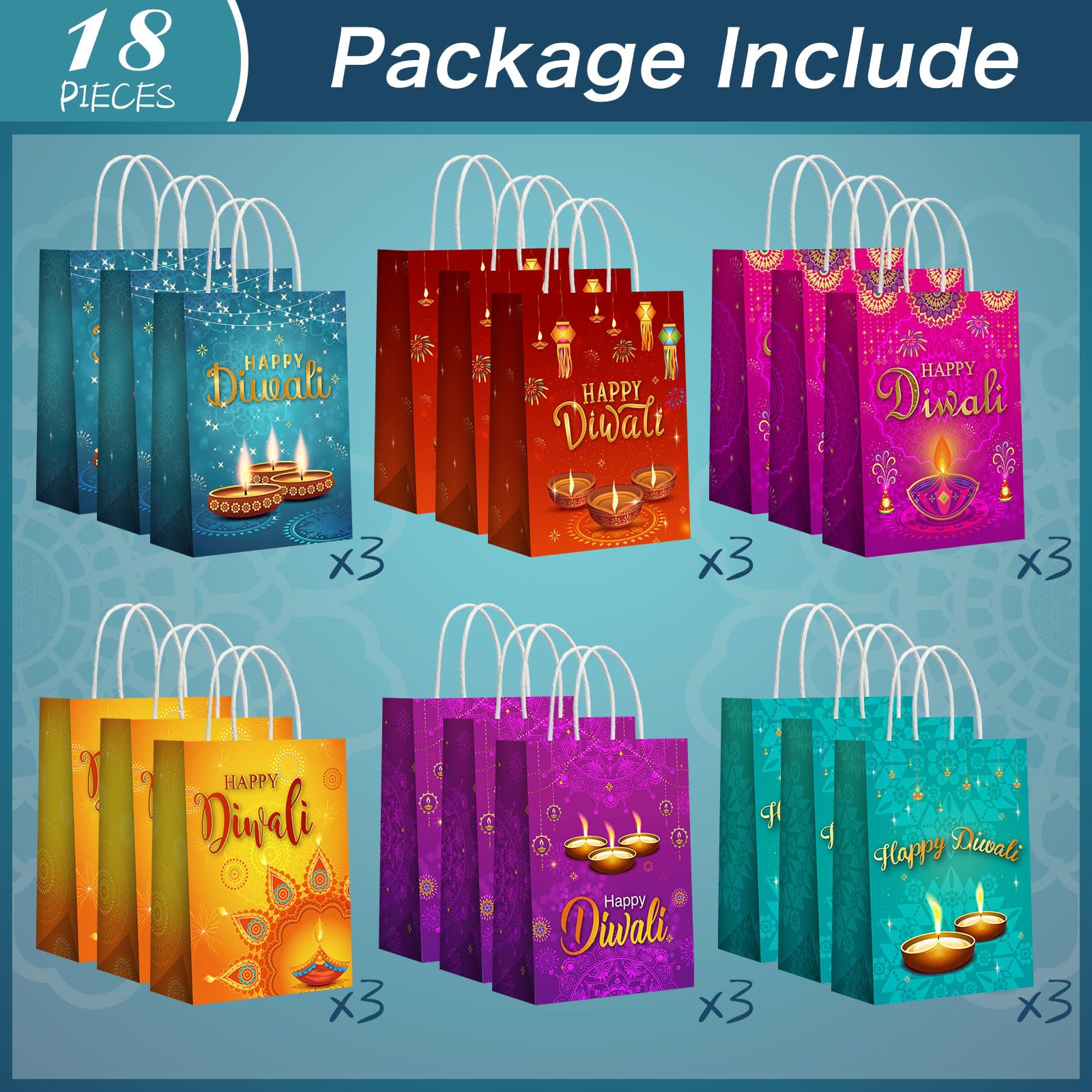 Cholemy 18 Pcs Happy Diwali Gift Bags Bulk Festival of Lights Favors Bags with Handles and Sydney Paper Diwali Birthday Present Bags Deepavali Party Supplies for Indian Diwali Light Party Decoration