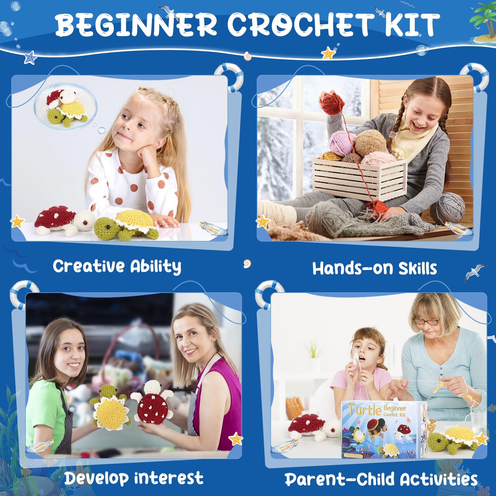 Katech Crochet Kit for Beginners-Super Easy Beginner Crochet Animal Kit for Adults Kids with Step-by-Step Video Tutorials, Easy-to-See Stitches Yarn for Beginners Crochet Turtle Kit Making