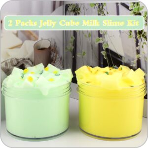 2 Packs Jelly Cube Milk Slime Kit,Non Sticky,Super Soft Sludge Water Slime Toy,Birthday Gifts for Kids,DIY Crystal Boba Slime Party Favor for Girls & Boys(Cyan,Yellow)