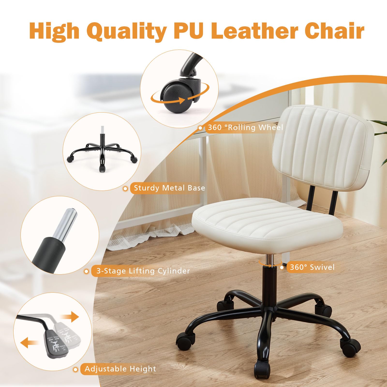 Sweetcrispy Small Office Desk Chair with Wheels Armless Comfy Computer Chair with Lumbar Support, PU Leather Low Back Adjustable Height 360° Rolling Swivel Task Chair Without Arm for Home, Bedroom