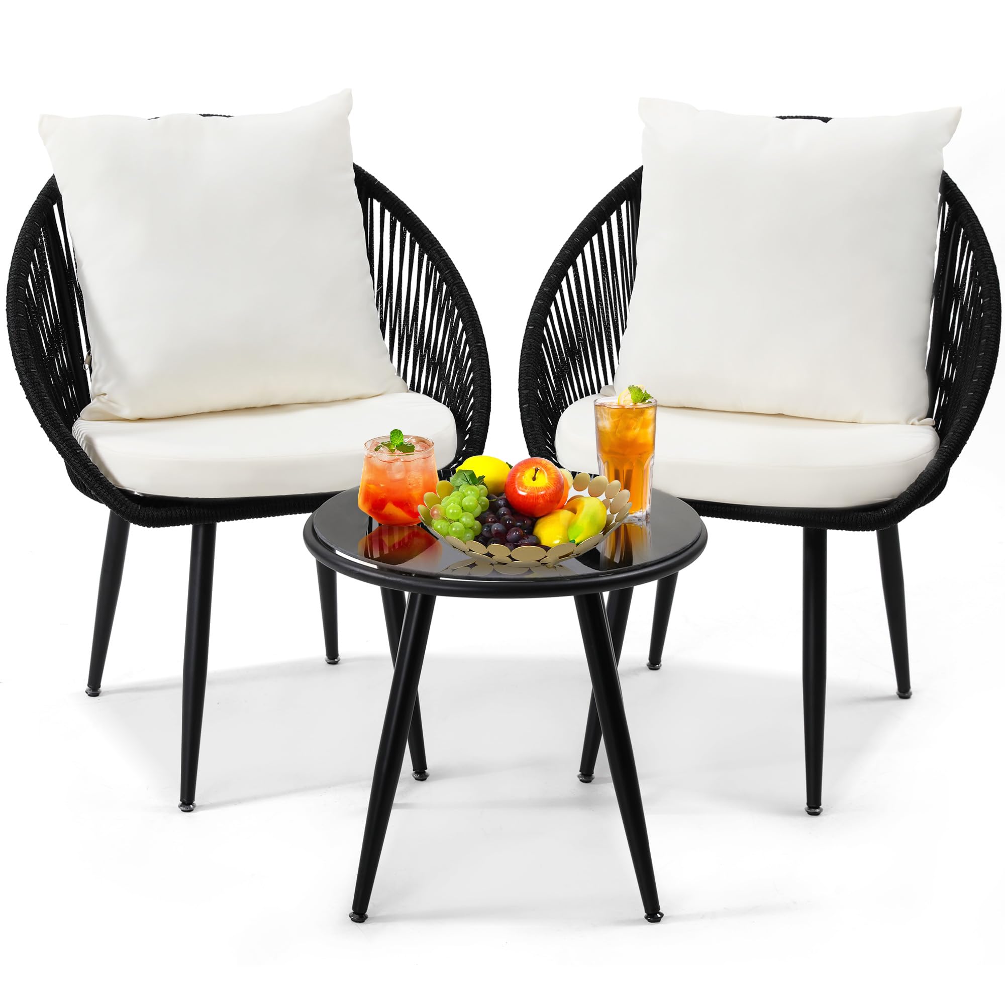 wildformers 3 Pieces Bistro Set, Woven Rope Chair with Cushions, All Weather Patio Conversation Set and Side Table, Ideal for Deck, Balcony, Poolside, Black