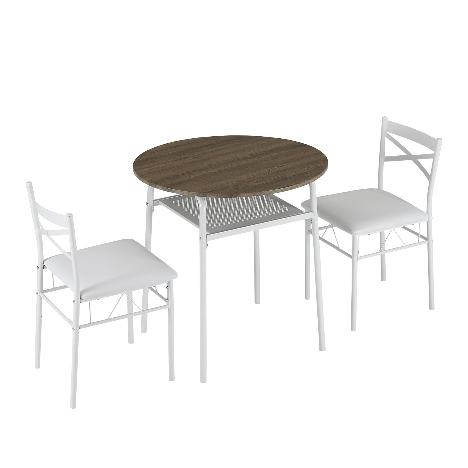 VINGLI 3 Piece Round Dining Set,29.5" Small Dining Table Set for 2,Round Kitchen Table with 2 Chairs Set for Small Space/Dining Room/Apartment,Upholstered Chairs,Metal Frame,Storage Shelf (White)