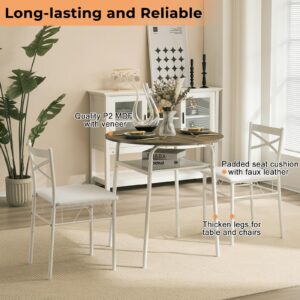 VINGLI 3 Piece Round Dining Set,29.5" Small Dining Table Set for 2,Round Kitchen Table with 2 Chairs Set for Small Space/Dining Room/Apartment,Upholstered Chairs,Metal Frame,Storage Shelf (White)