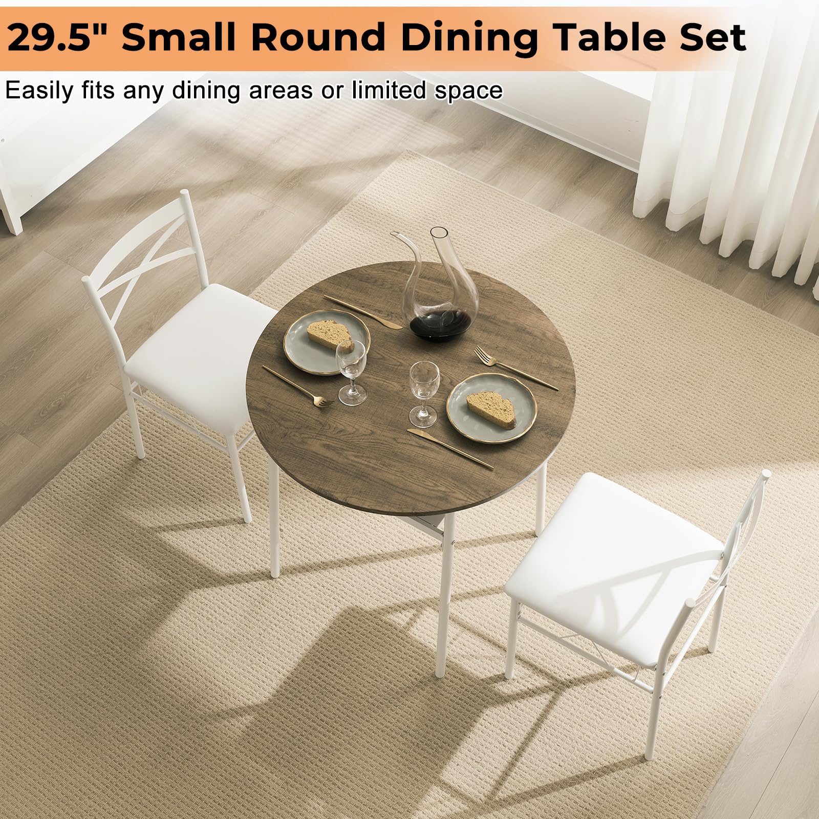 VINGLI 3 Piece Round Dining Set,29.5" Small Dining Table Set for 2,Round Kitchen Table with 2 Chairs Set for Small Space/Dining Room/Apartment,Upholstered Chairs,Metal Frame,Storage Shelf (White)