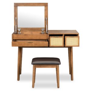 DOINUO 43.3" Wood Makeup Vanity Desk with Flip-top Mirror & Drawers, Vanity Dressing Table Set with Storage Space and Cushioned Stool, Vanity Makeup Desk Set for Bedroom Brown