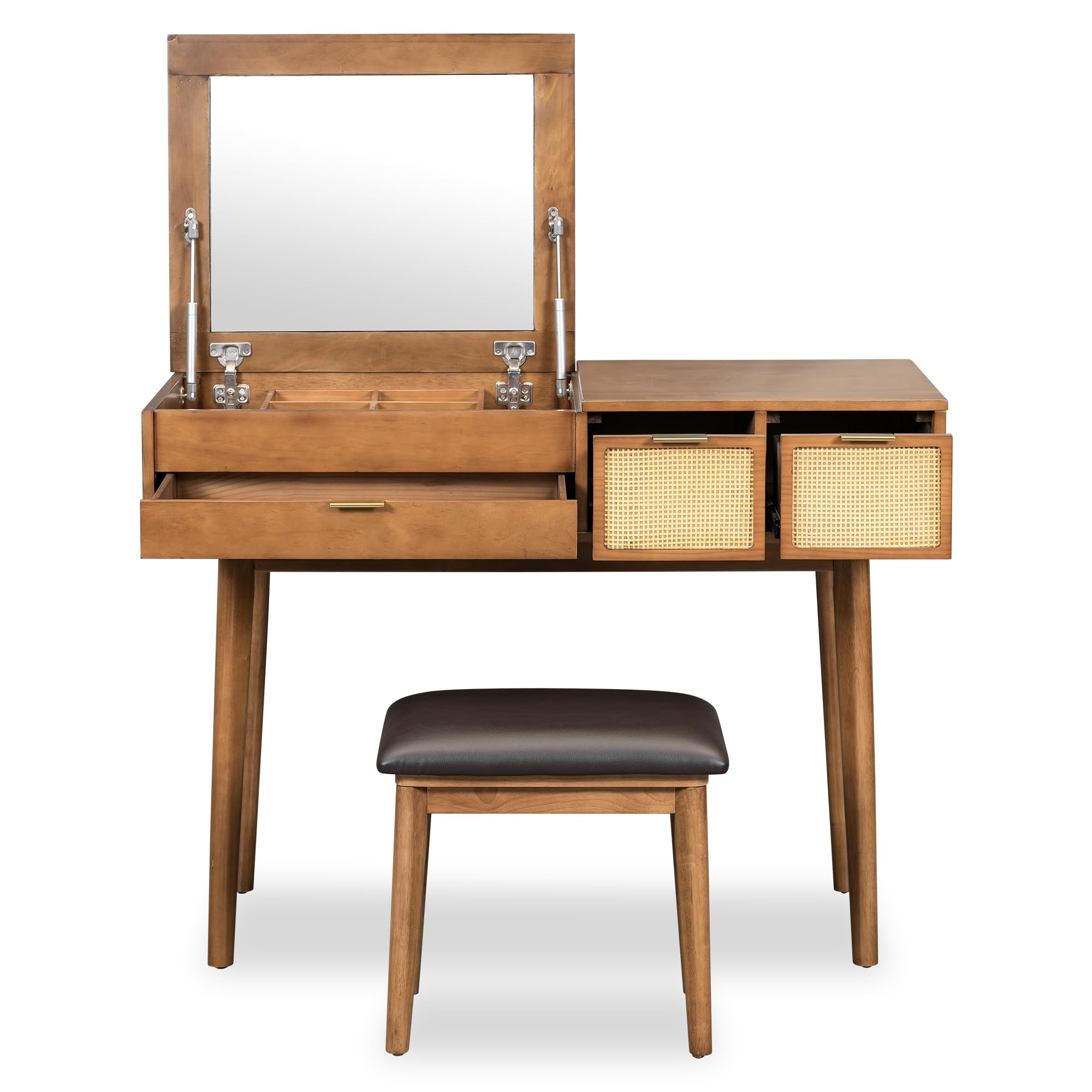 DOINUO 43.3" Wood Makeup Vanity Desk with Flip-top Mirror & Drawers, Vanity Dressing Table Set with Storage Space and Cushioned Stool, Vanity Makeup Desk Set for Bedroom Brown