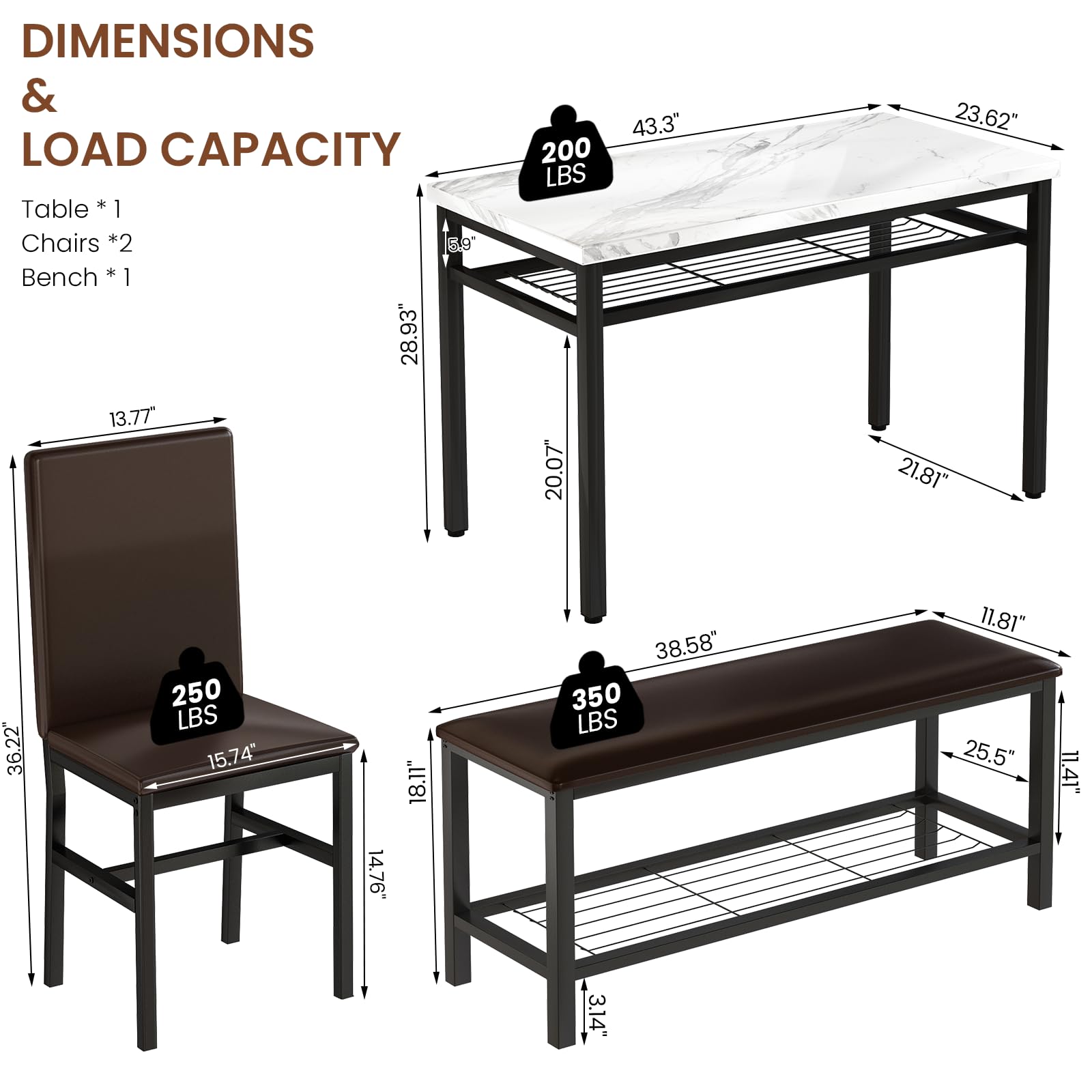 AWQM Dining Table Set for 4 with Bench and Chairs,Faux Mable Small Kitchen Table and Chairs for 4 w/Storage Rack, Dining Room Table Set for Small Spaces, Apartment,White+Brown